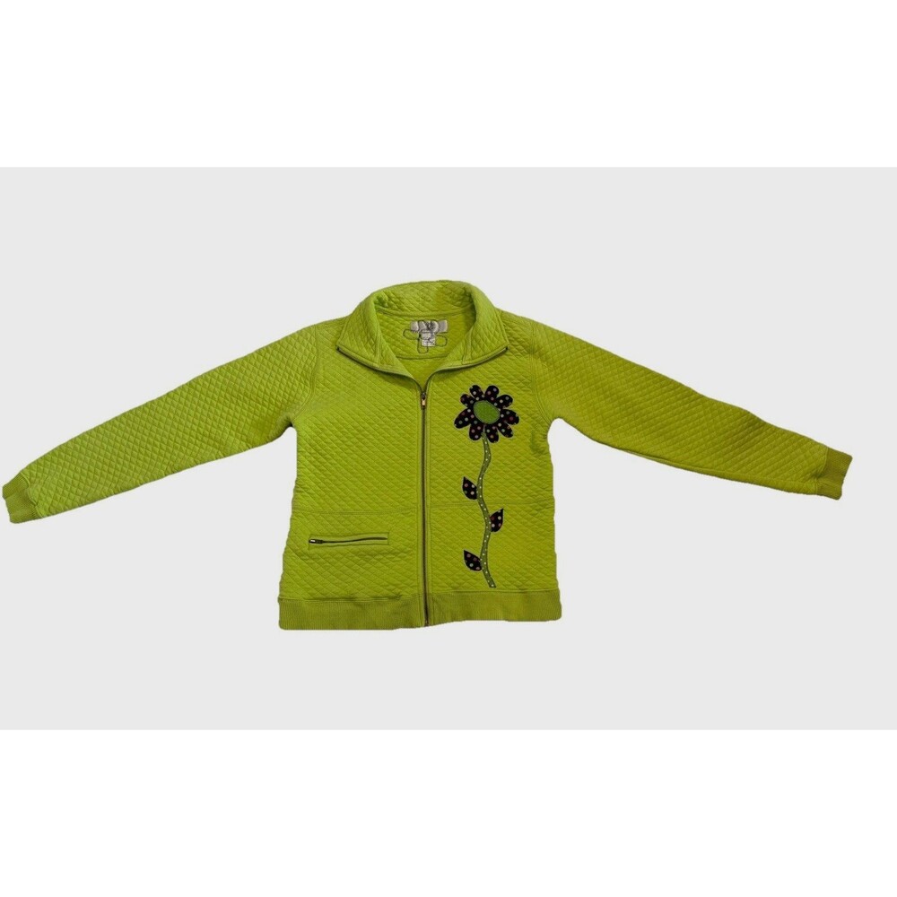 Womens Lime Green Quilted Full Zip Cotton Blend Jacket Size Small Patchwork
